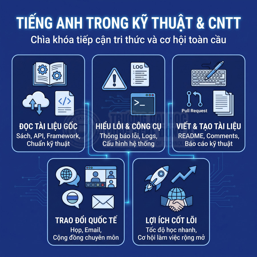 Tiếng Anh trong kỹ thuật và CNTT hỗ trợ đọc tài liệu, xử lý lỗi, viết tài liệu, trao đổi quốc tế và mở rộng cơ hội nghề nghiệp.
