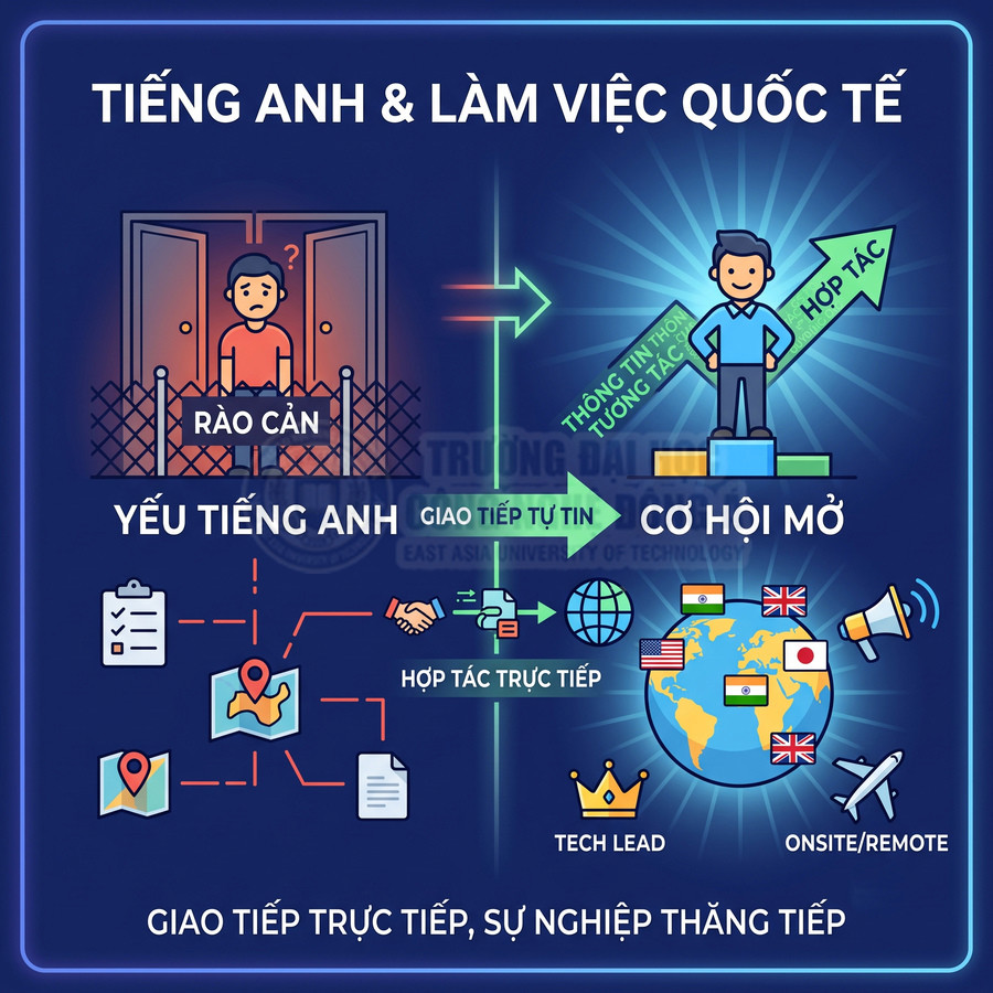 Infographic lợi ích tiếng Anh trong làm việc quốc tế, từ rào cản giao tiếp đến cơ hội hợp tác và thăng tiến sự nghiệp