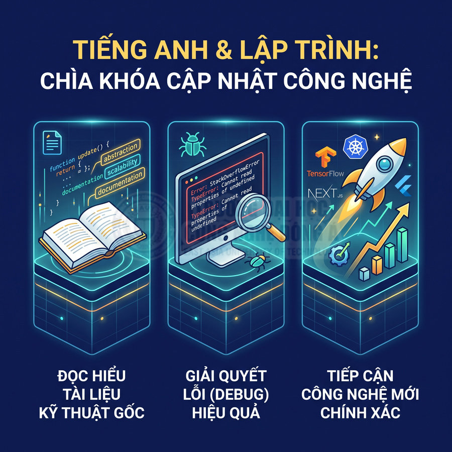 Poster minh họa lợi ích học tiếng Anh và lập trình để đọc tài liệu, debug và tiếp cận công nghệ mới như TensorFlow, Next.js