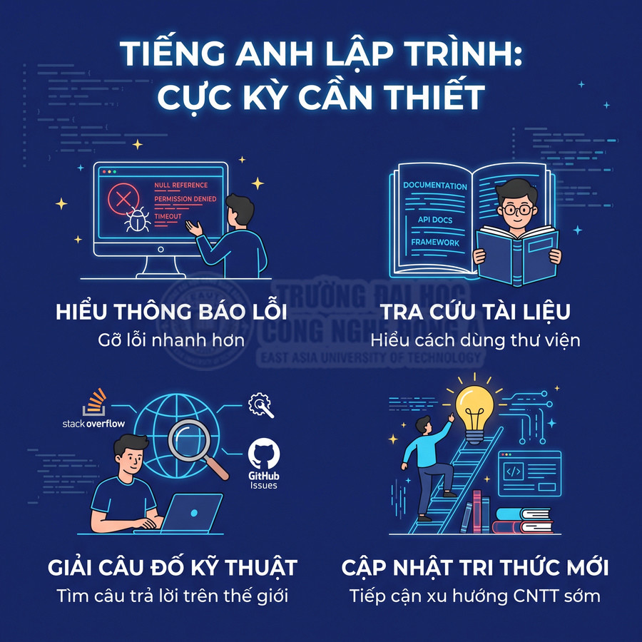 Lợi ích học tiếng Anh lập trình: hiểu thông báo lỗi, tra cứu tài liệu, giải bài toán kỹ thuật, cập nhật kiến thức CNTT