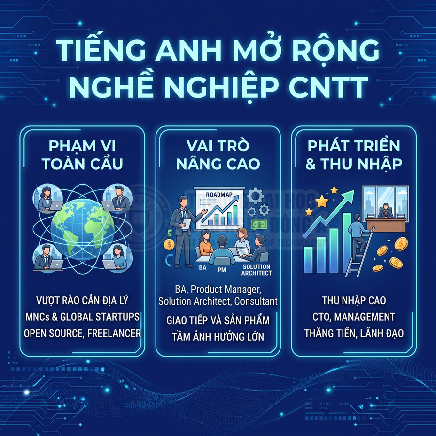 Tiếng Anh mở rộng cơ hội nghề nghiệp CNTT với phạm vi toàn cầu, vai trò nâng cao và phát triển thu nhập