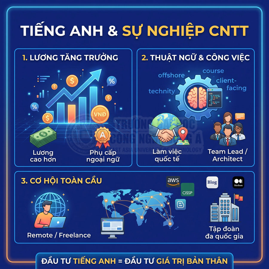 Infographic lợi ích tiếng Anh cho sự nghiệp CNTT về lương, thuật ngữ chuyên môn và cơ hội làm việc toàn cầu