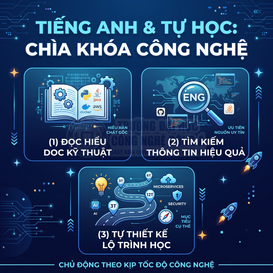 Infographic tiếng Anh và tự học là chìa khóa công nghệ với ba bước đọc hiểu, tìm kiếm và thiết kế lộ trình học
