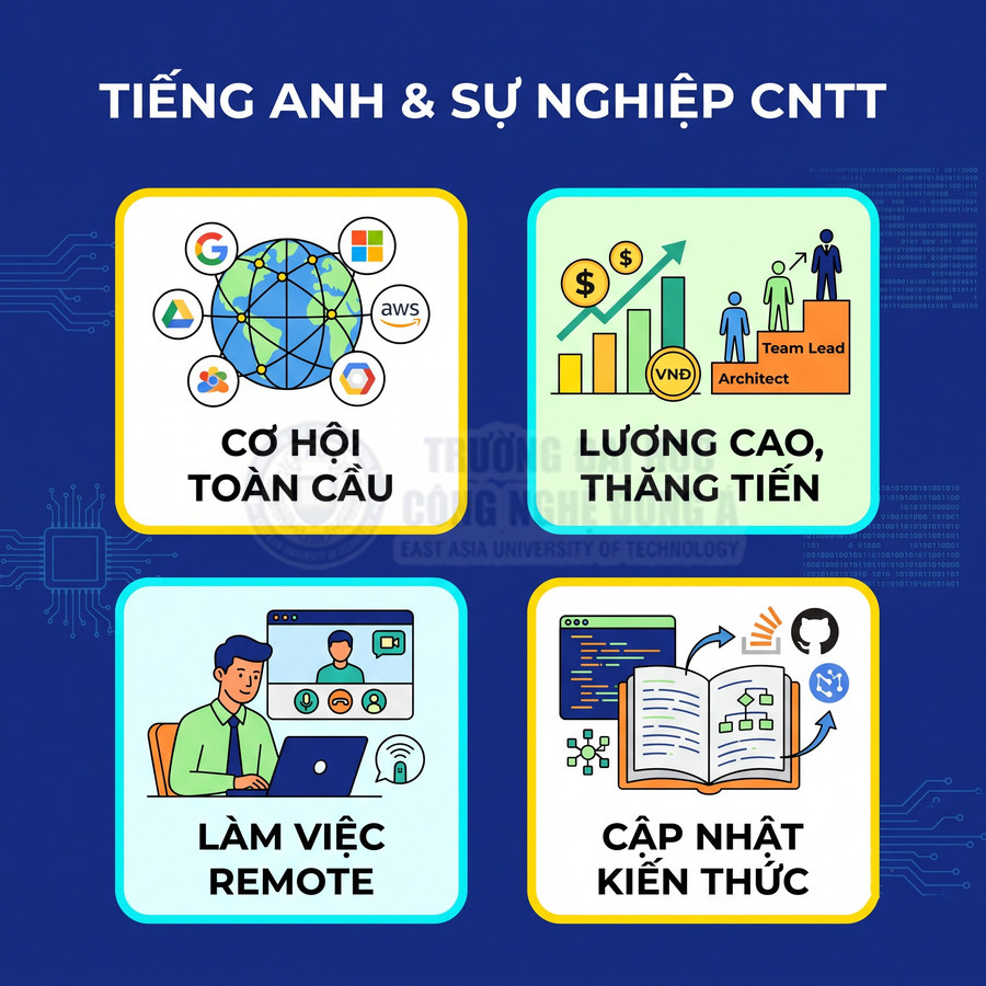Tiếng Anh trong ngành CNTT mang lại cơ hội toàn cầu, lương cao, làm việc remote và liên tục cập nhật kiến thức