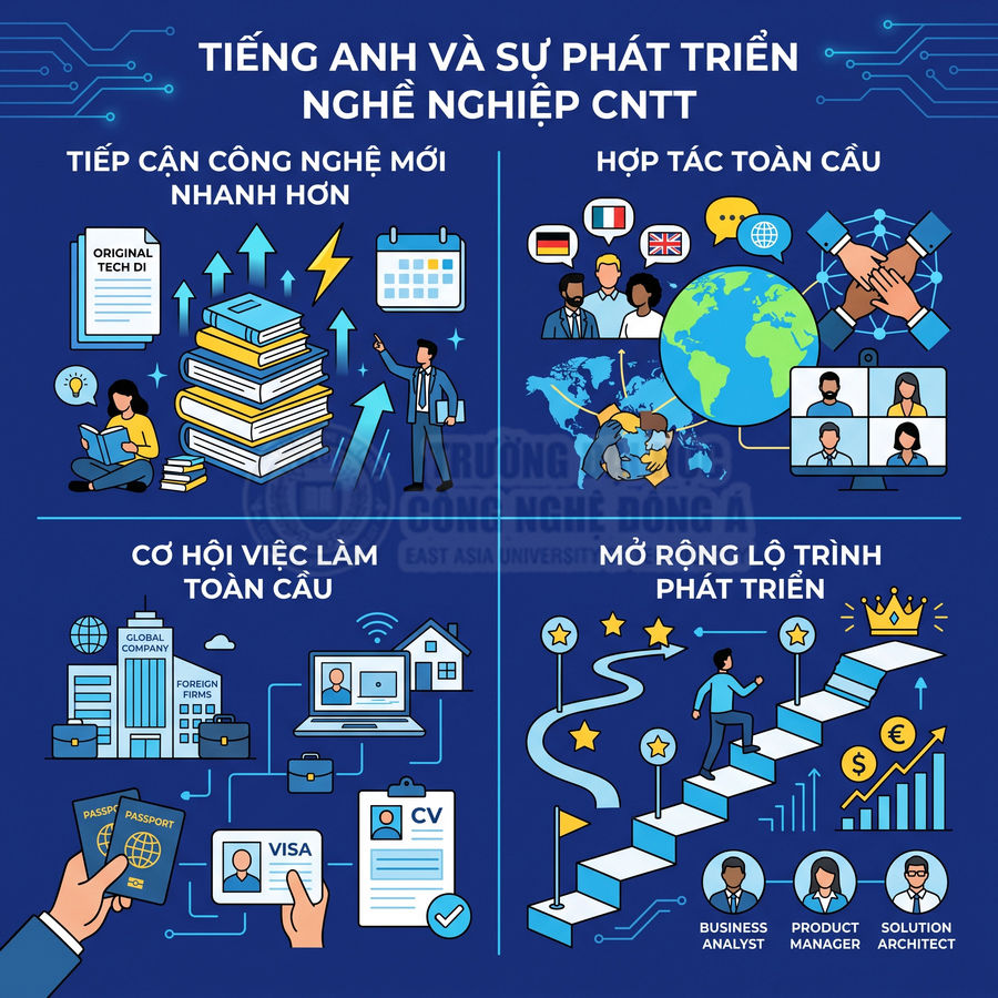 Tiếng Anh giúp phát triển nghề nghiệp CNTT với cơ hội việc làm, hợp tác toàn cầu và lộ trình thăng tiến rộng mở
