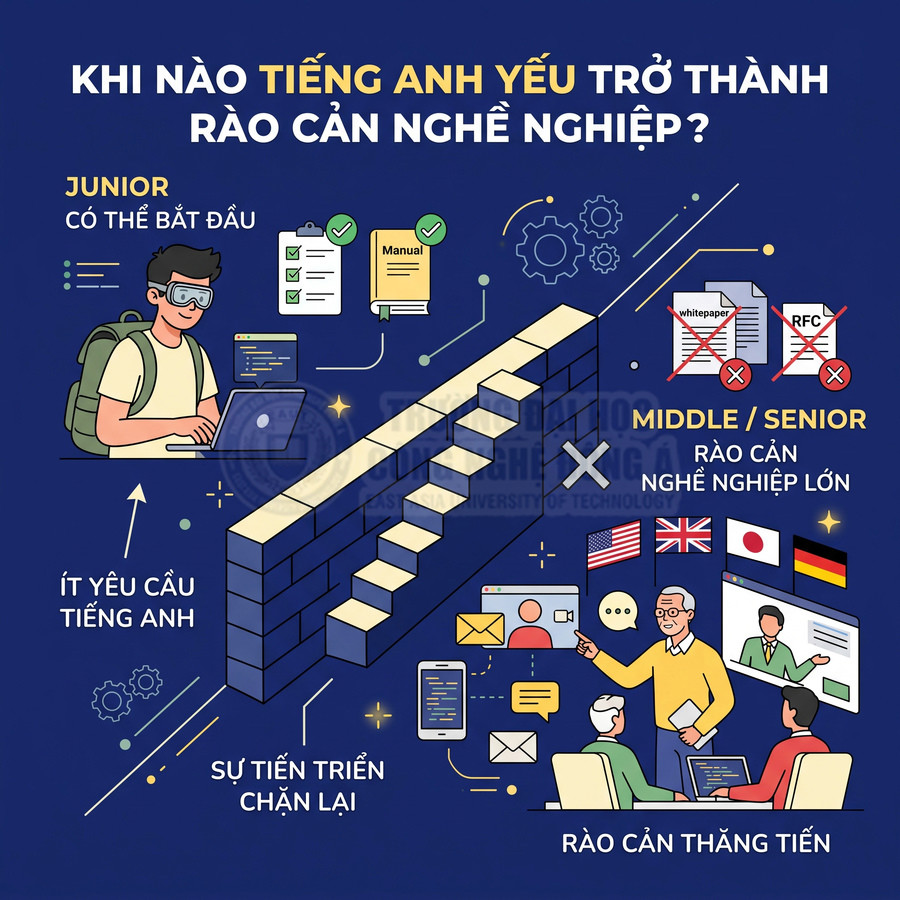 Minh họa rào cản tiếng Anh yếu trong lộ trình nghề nghiệp từ junior đến middle senior trong ngành công nghệ