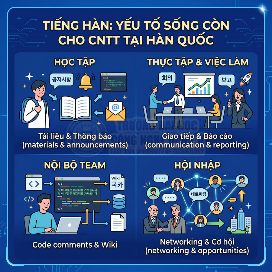 Infographic tiếng Hàn quan trọng cho ngành CNTT tại Hàn Quốc về học tập, việc làm, nội bộ team và hội nhập