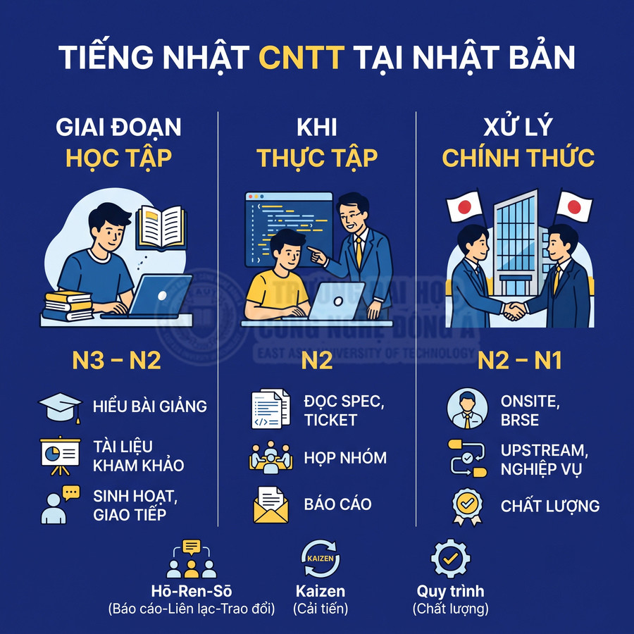 Infographic lộ trình học tiếng Nhật cho sinh viên CNTT tại Nhật Bản từ giai đoạn học tập đến đi làm