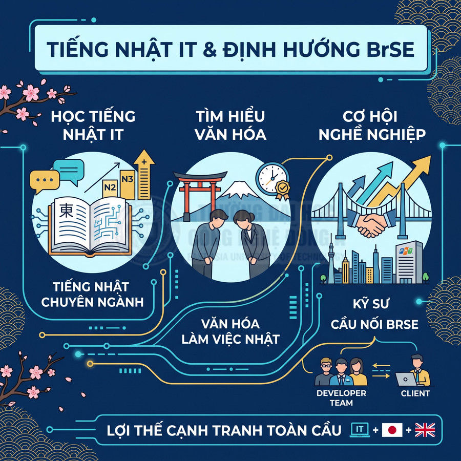 Infographic tiếng Nhật IT và định hướng BrSE với học tiếng Nhật chuyên ngành, văn hóa làm việc Nhật và cơ hội nghề nghiệp