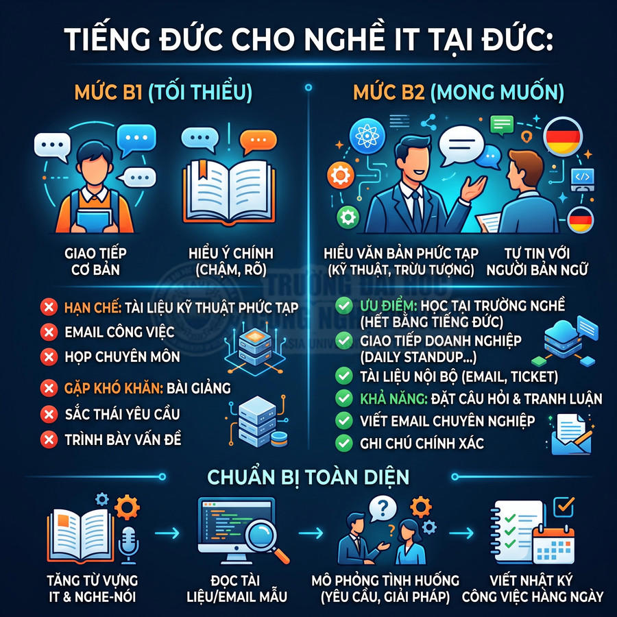 Infographic so sánh yêu cầu tiếng Đức B1 và B2 cho ngành IT tại Đức và lộ trình chuẩn bị toàn diện