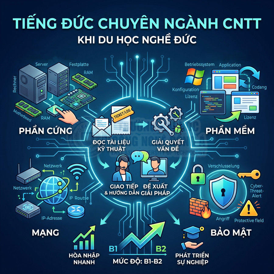 Infographic tiếng Đức chuyên ngành CNTT khi du học nghề Đức về phần cứng, phần mềm, mạng và bảo mật