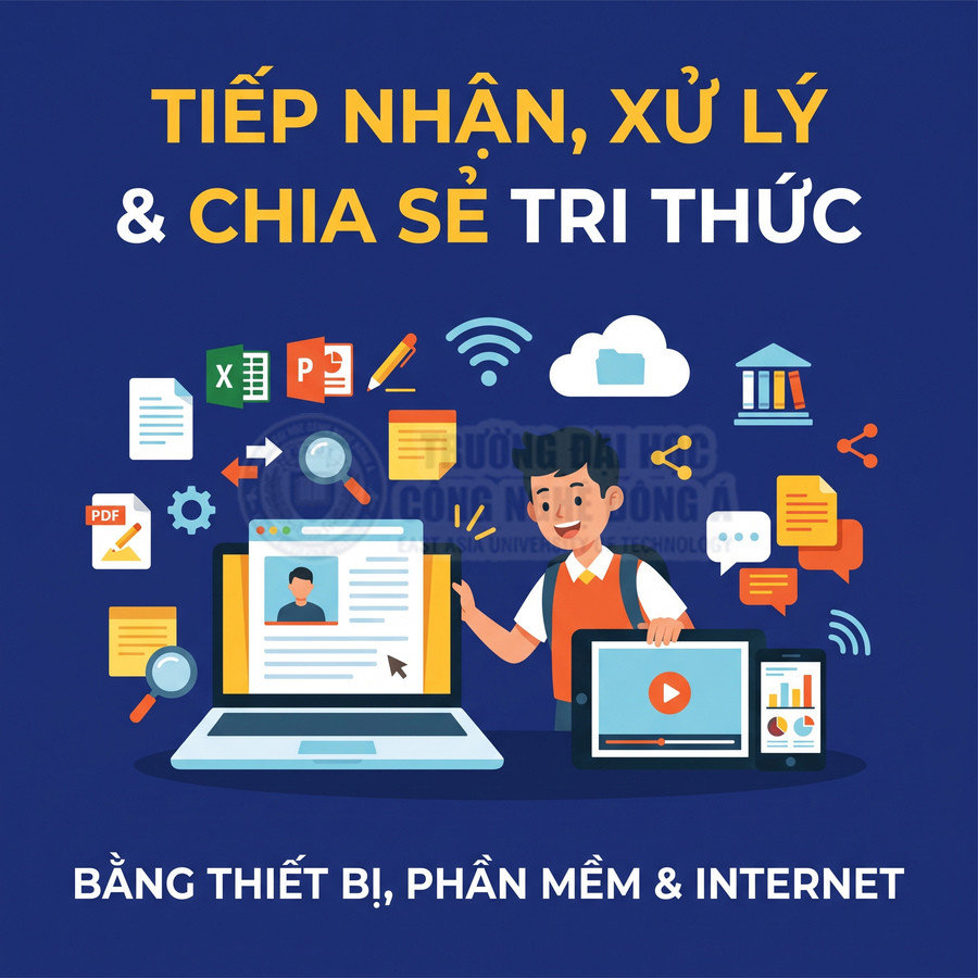 Minh họa chia sẻ tri thức qua máy tính, máy tính bảng, phần mềm và Internet, với các biểu tượng tài liệu và học tập
