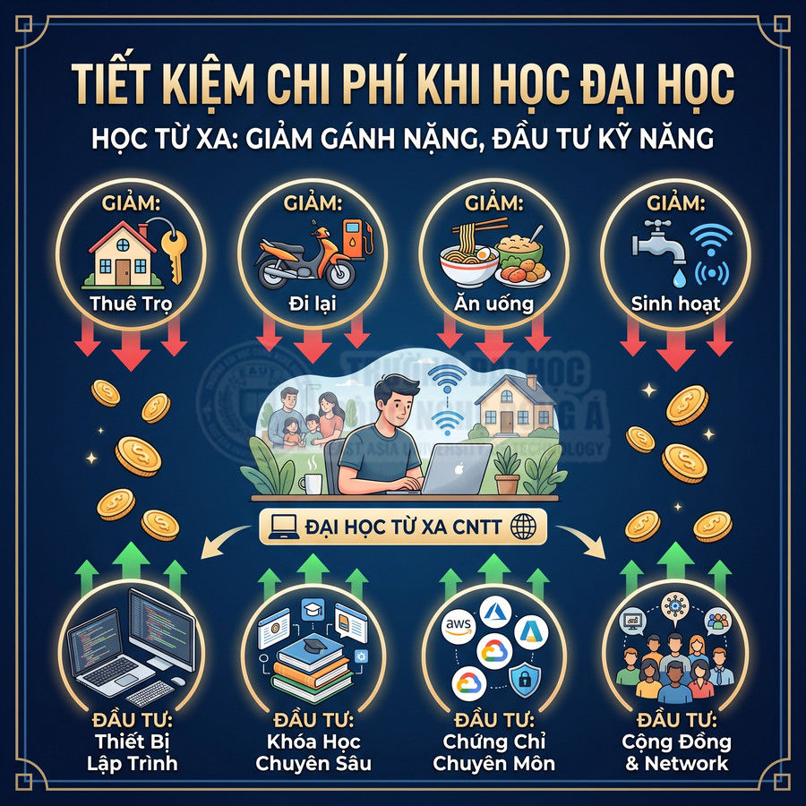 Infographic lợi ích học đại học CNTT từ xa, giảm chi phí sinh hoạt và tăng đầu tư thiết bị, khóa học, chứng chỉ, cộng đồng