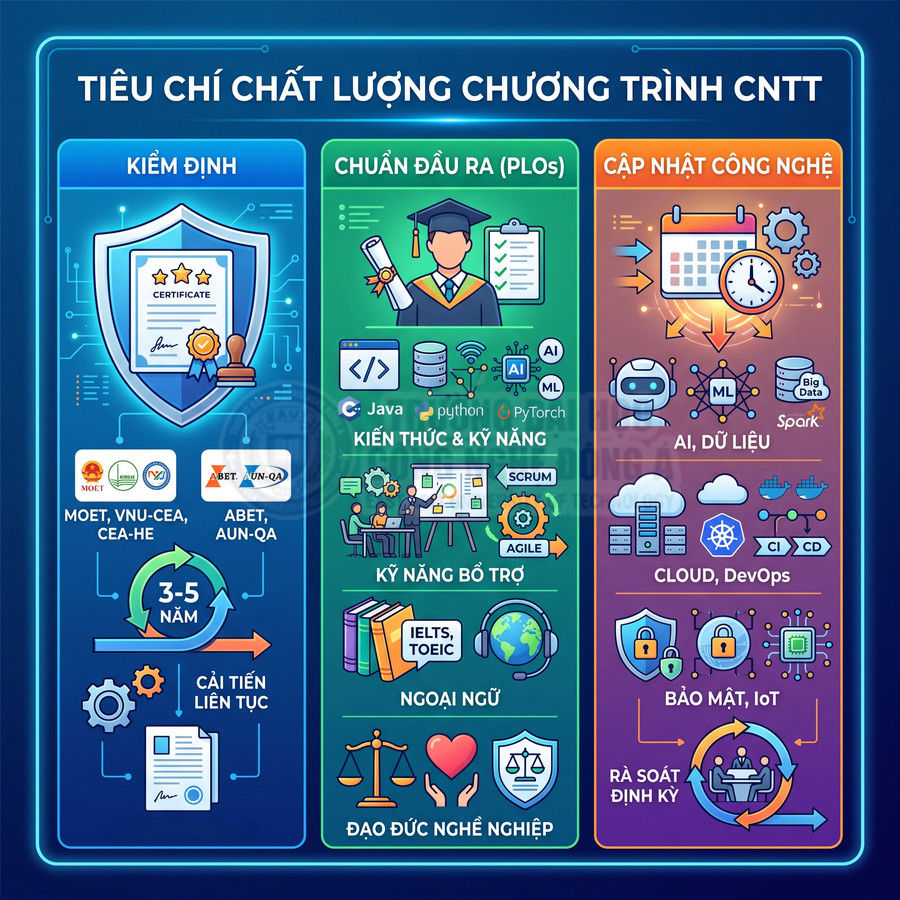 Tiêu chí chất lượng chương trình công nghệ thông tin với kiểm định, chuẩn đầu ra, cập nhật AI, dữ liệu, cloud, bảo mật