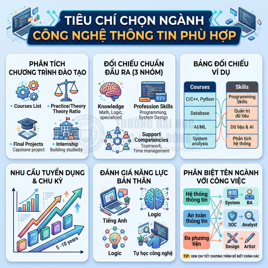 Tiêu chí chọn ngành công nghệ thông tin phù hợp với chương trình đào tạo, kỹ năng, nhu cầu tuyển dụng và năng lực bản thân