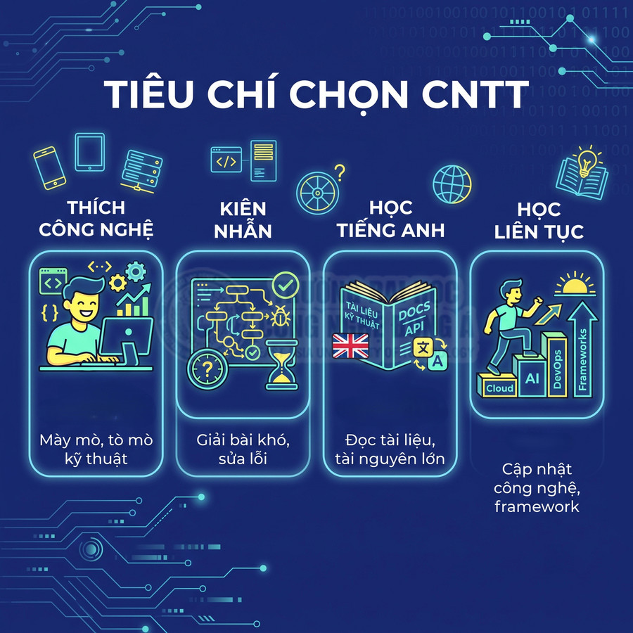 Tiêu chí chọn ngành CNTT với minh họa thích công nghệ, kiên nhẫn, học tiếng Anh và học liên tục