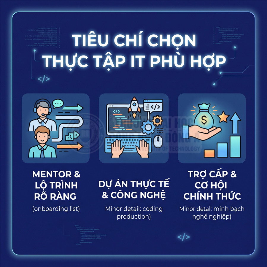 Tiêu chí chọn thực tập IT với mentor rõ ràng, dự án thực tế, công nghệ và trợ cấp cơ hội chính thức