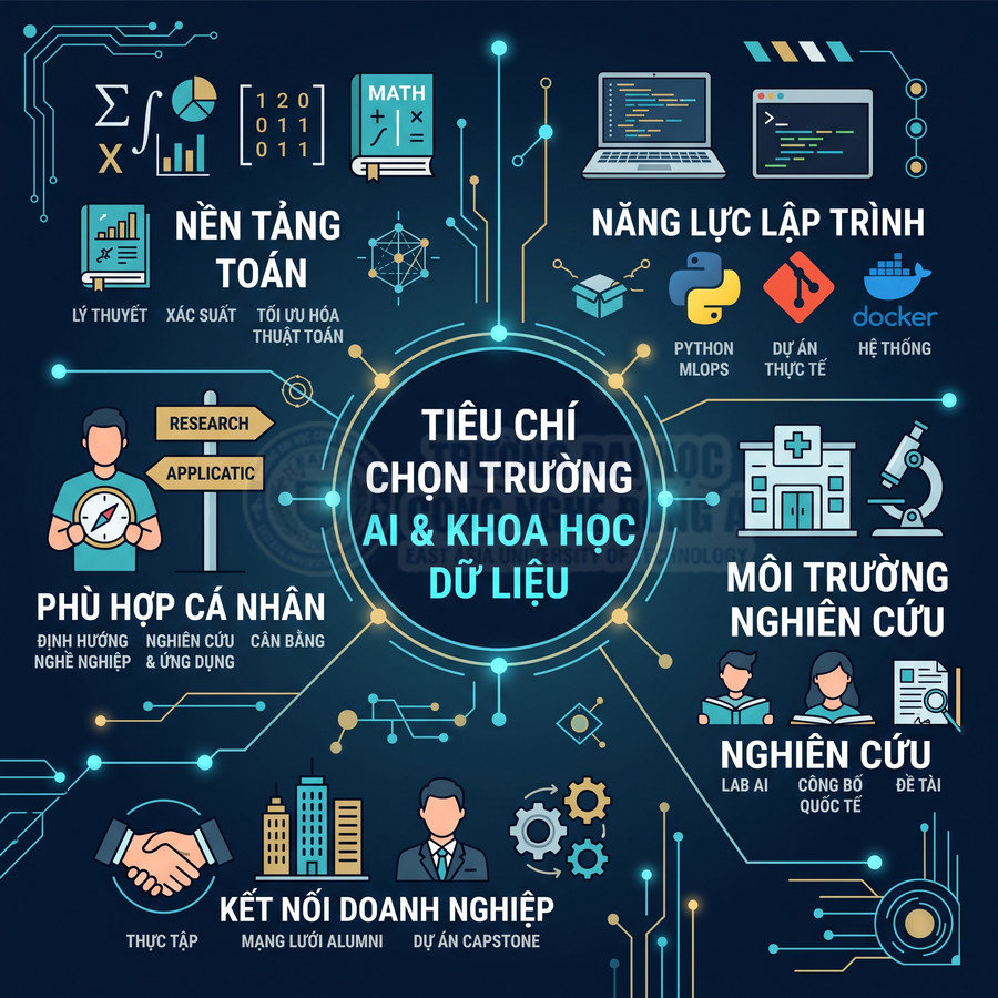Tiêu chí chọn trường AI và khoa học dữ liệu với các yếu tố nền tảng toán, lập trình, nghiên cứu và kết nối doanh nghiệp