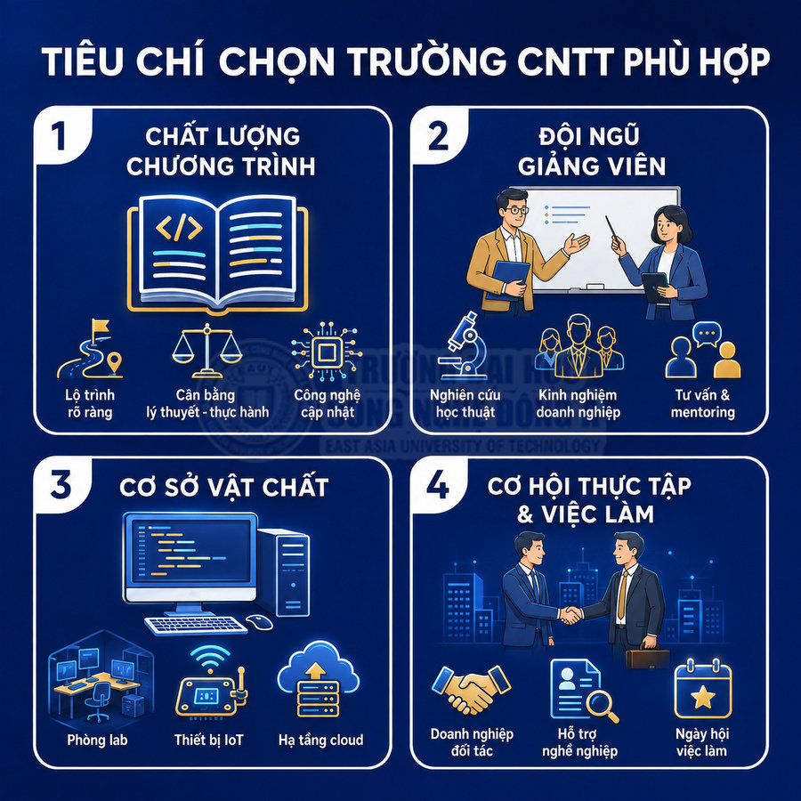 Tiêu chí chọn trường công nghệ thông tin phù hợp về chương trình, giảng viên, cơ sở vật chất, cơ hội việc làm