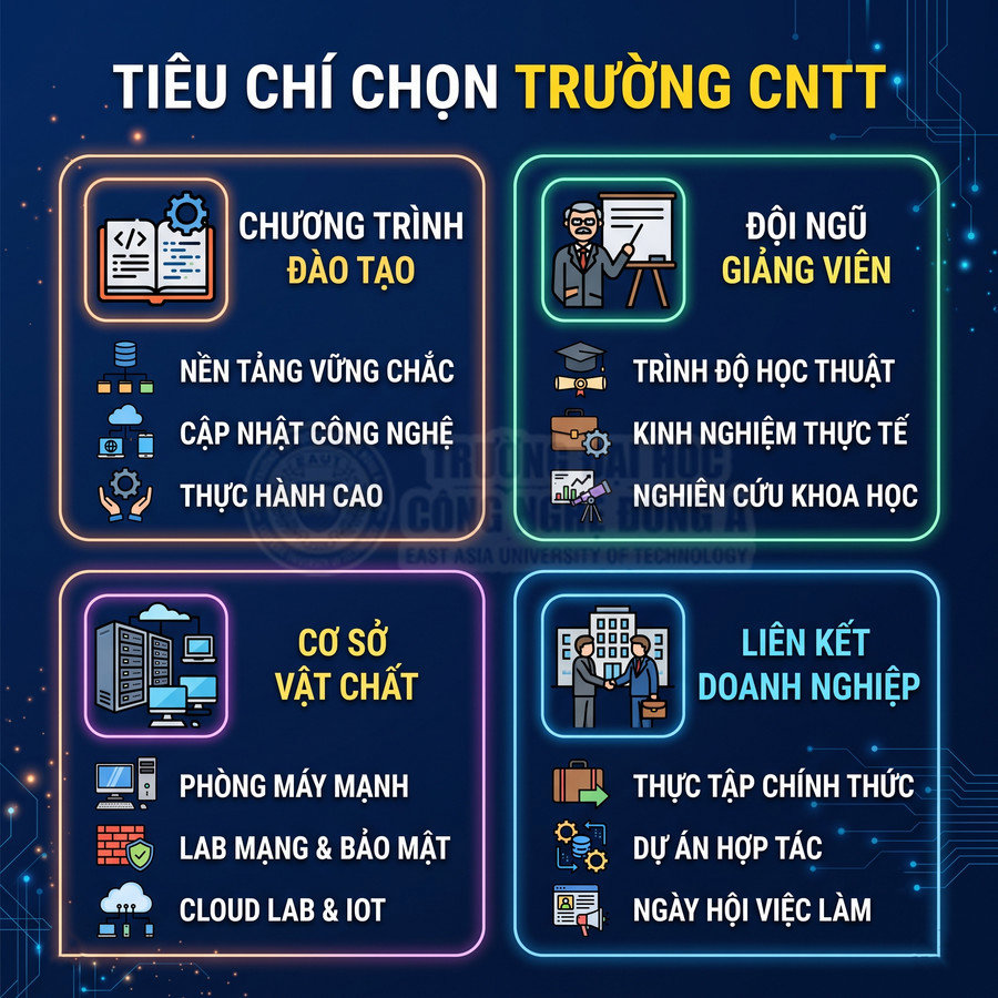 Tiêu chí chọn trường công nghệ thông tin về chương trình đào tạo, giảng viên, cơ sở vật chất và liên kết doanh nghiệp