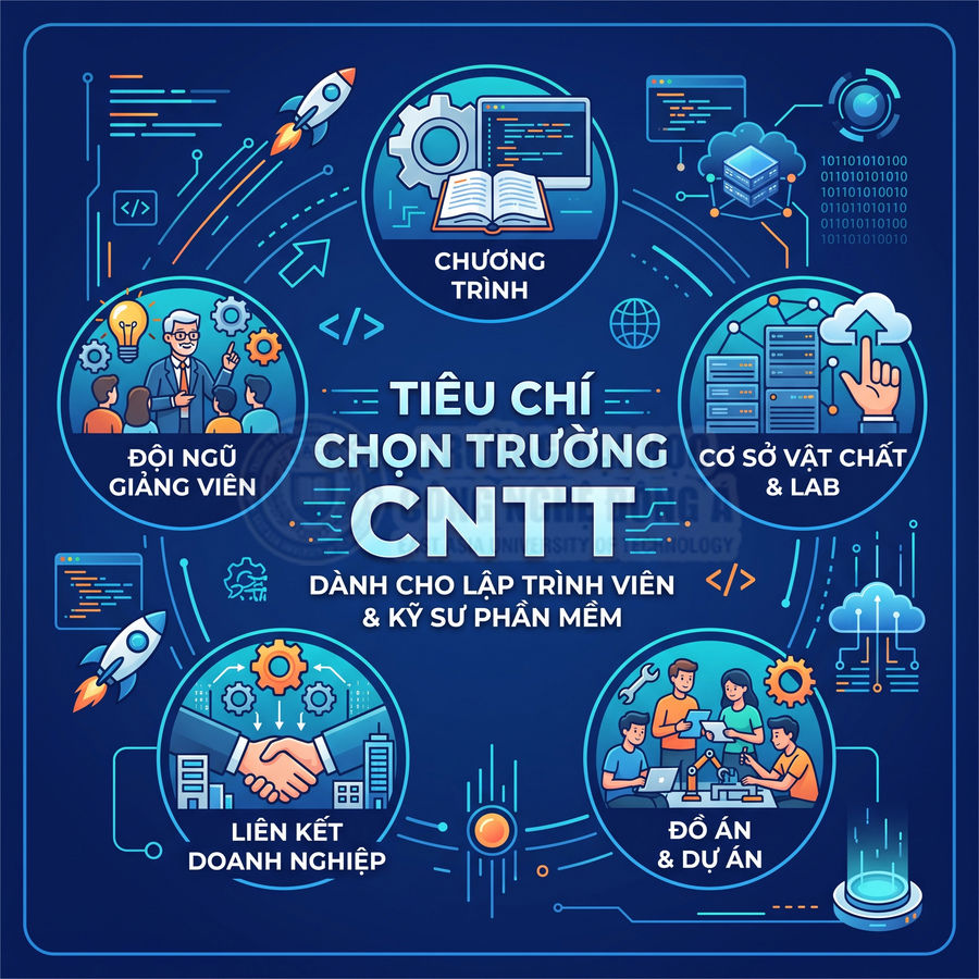 Tiêu chí chọn trường CNTT với chương trình đào tạo, giảng viên, cơ sở vật chất, liên kết doanh nghiệp, đồ án dự án