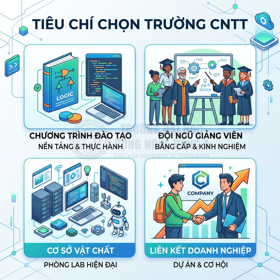 Tiêu chí chọn trường CNTT với chương trình đào tạo, giảng viên, cơ sở vật chất và liên kết doanh nghiệp