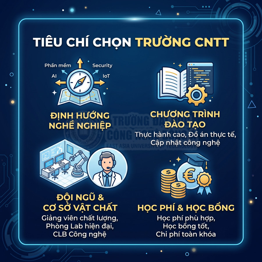 Tiêu chí chọn trường công nghệ thông tin với định hướng nghề nghiệp, chương trình đào tạo, cơ sở vật chất, học phí và học bổng