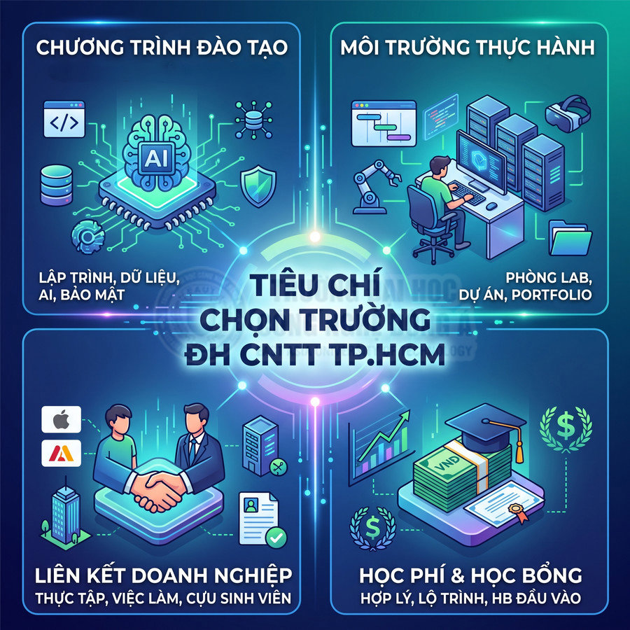 Infographic tiêu chí chọn trường đại học công nghệ thông tin TP HCM với chương trình AI, môi trường thực hành, liên kết doanh nghiệp