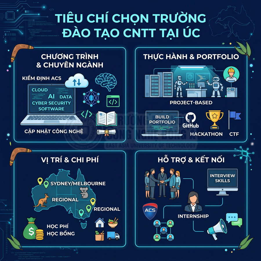 Tiêu chí chọn trường đào tạo CNTT tại Úc về chương trình, thực hành, vị trí chi phí và hỗ trợ kết nối