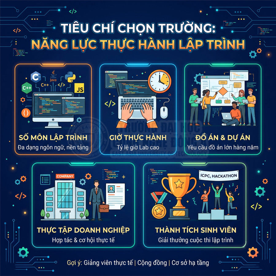 Tiêu chí chọn trường lập trình với các yếu tố giờ thực hành, đồ án, thực tập doanh nghiệp và thành tích sinh viên