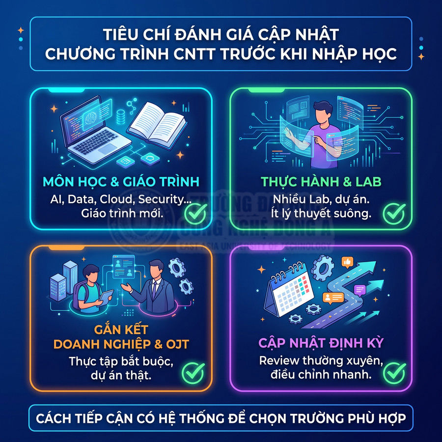 Infographic tiêu chí đánh giá chương trình học CNTT với môn học giáo trình, thực hành lab, gắn kết doanh nghiệp và cập nhật định kỳ