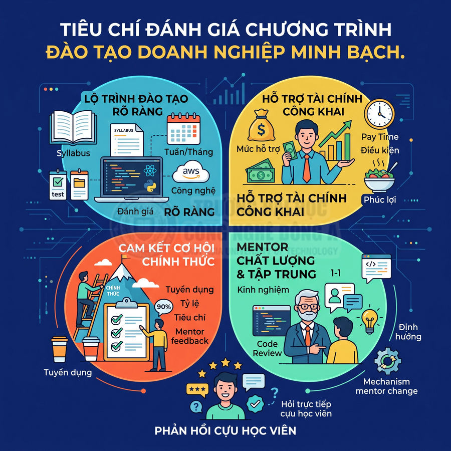 Infographic tiêu chí đánh giá chương trình đào tạo doanh nghiệp minh bạch với lộ trình, tài chính, cơ hội và mentor