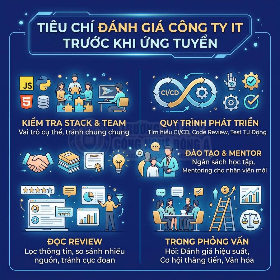 Tiêu chí đánh giá công ty IT trước khi ứng tuyển với các bước kiểm tra stack, quy trình phát triển, review và phỏng vấn