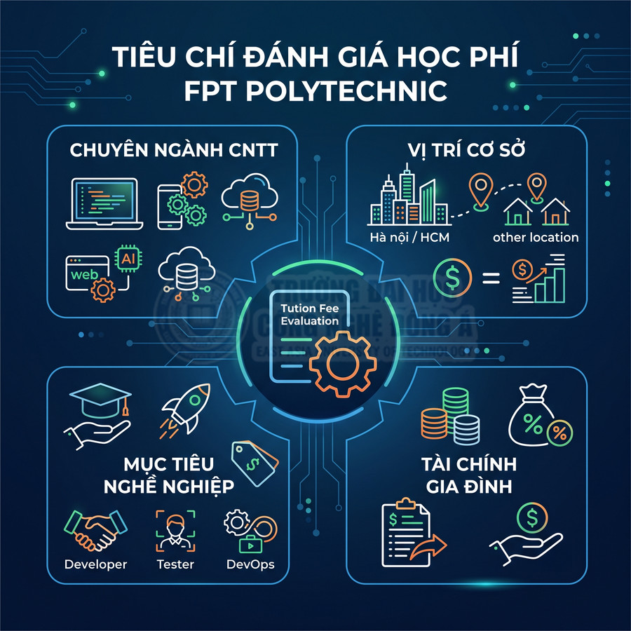 Tiêu chí đánh giá học phí FPT Polytechnic gồm chuyên ngành CNTT, vị trí cơ sở, mục tiêu nghề nghiệp và tài chính gia đình