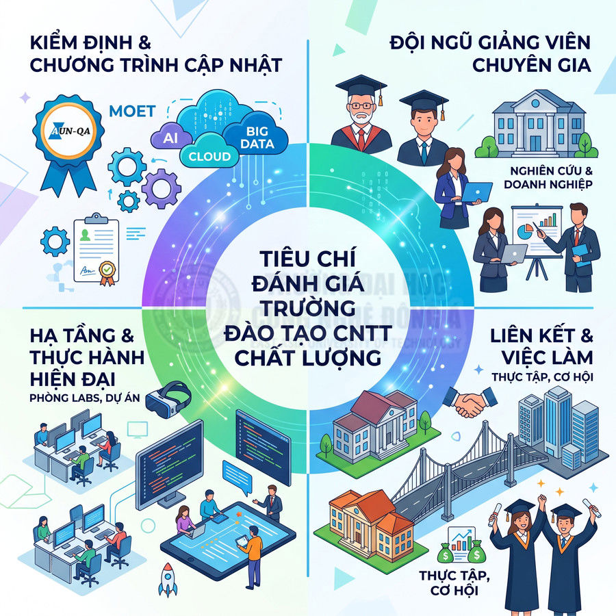 Tiêu chí đánh giá trường đào tạo CNTT chất lượng với giảng viên, cơ sở vật chất, liên kết doanh nghiệp, cơ hội việc làm