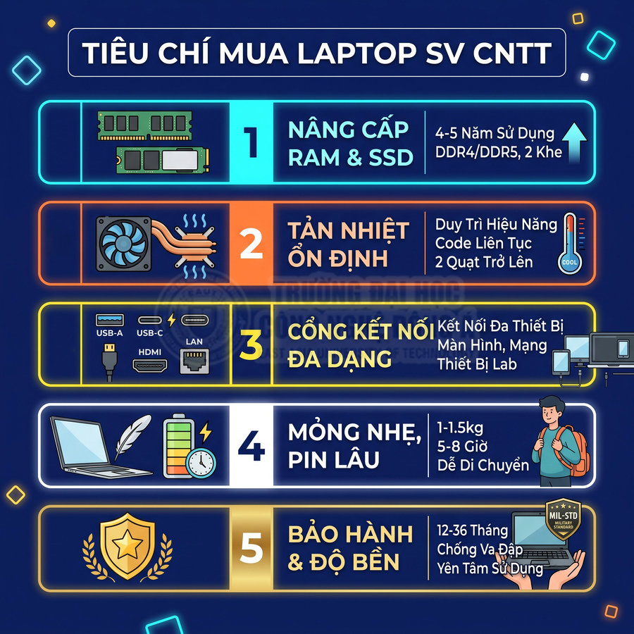 Tiêu chí chọn mua laptop cho sinh viên CNTT gồm nâng cấp RAM SSD, tản nhiệt, cổng kết nối, pin và độ bền