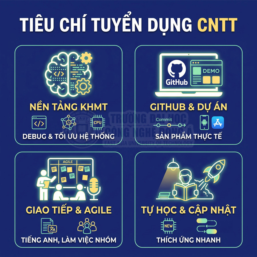 Tiêu chí tuyển dụng ngành CNTT với kỹ năng nền tảng, GitHub dự án, giao tiếp Agile và tự học cập nhật