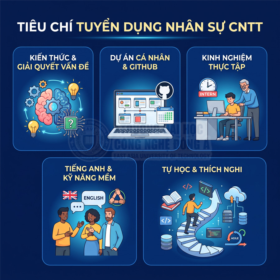 Tiêu chí tuyển dụng nhân sự CNTT gồm kiến thức, dự án GitHub, thực tập, tiếng Anh, kỹ năng mềm, tự học và thích nghi