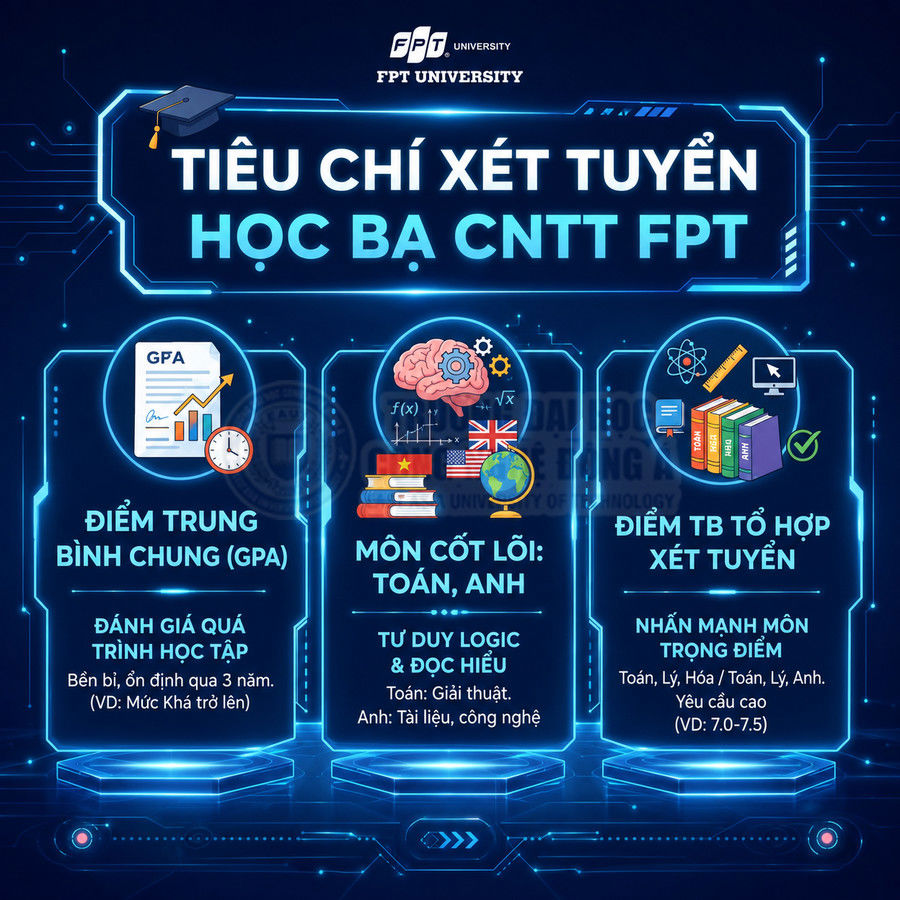 Tiêu chí xét tuyển học bạ CNTT FPT University với GPA, môn Toán Anh và điểm trung bình tổ hợp xét tuyển