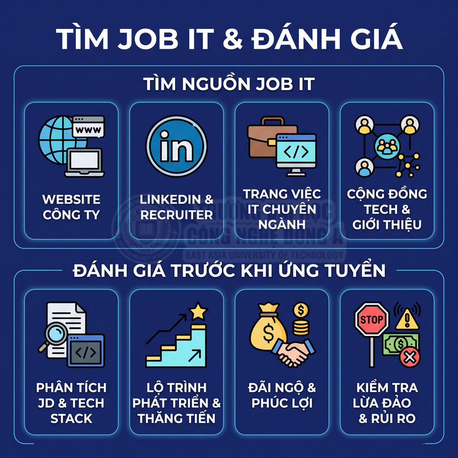 Hướng dẫn tìm job IT và đánh giá trước khi ứng tuyển qua website, LinkedIn, cộng đồng tech và các tiêu chí phúc lợi