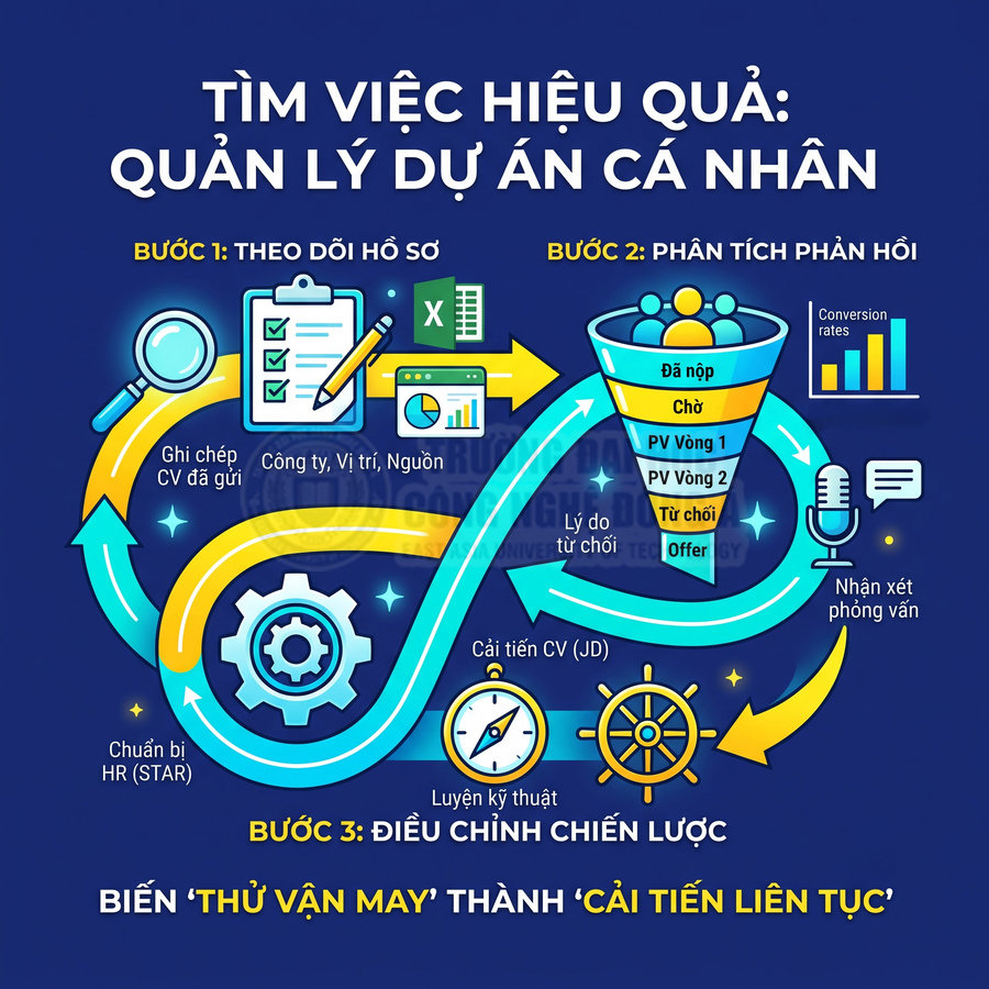Infographic quy trình tìm việc hiệu quả với các bước theo dõi hồ sơ, phân tích phản hồi và điều chỉnh chiến lược