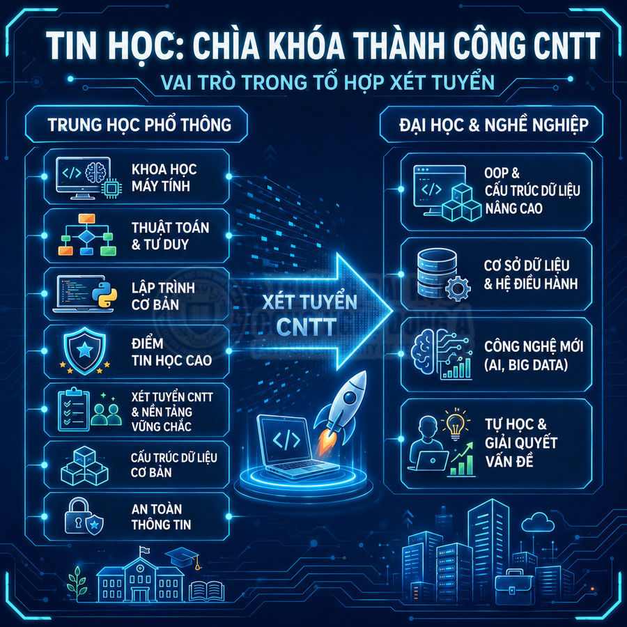 Infographic vai trò môn Tin học trong xét tuyển CNTT từ THPT đến đại học và nghề nghiệp