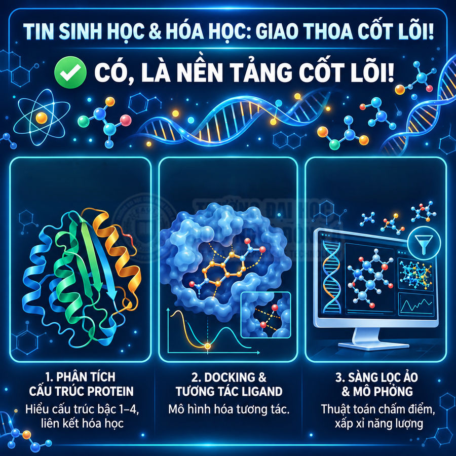 Minh họa tin sinh học và hóa học với cấu trúc protein, docking ligand và sàng lọc ảo trên màn hình máy tính
