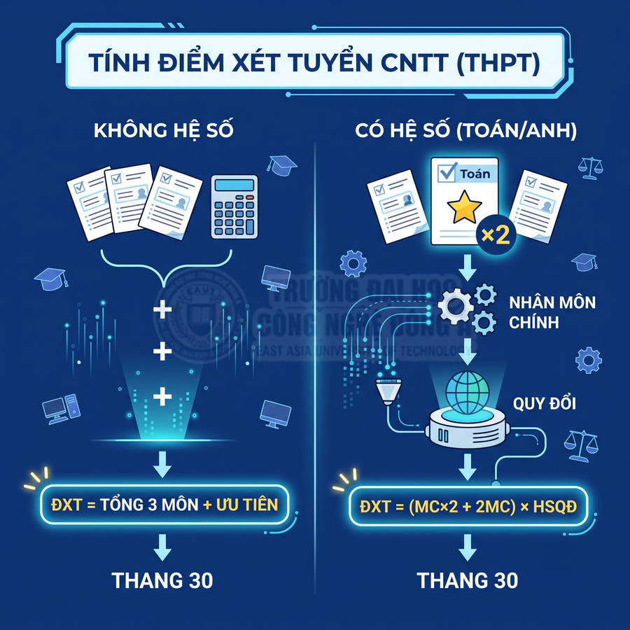 Hướng dẫn tính điểm xét tuyển CNTT THPT có và không hệ số tại Trường Đại học Công nghệ Đông Á