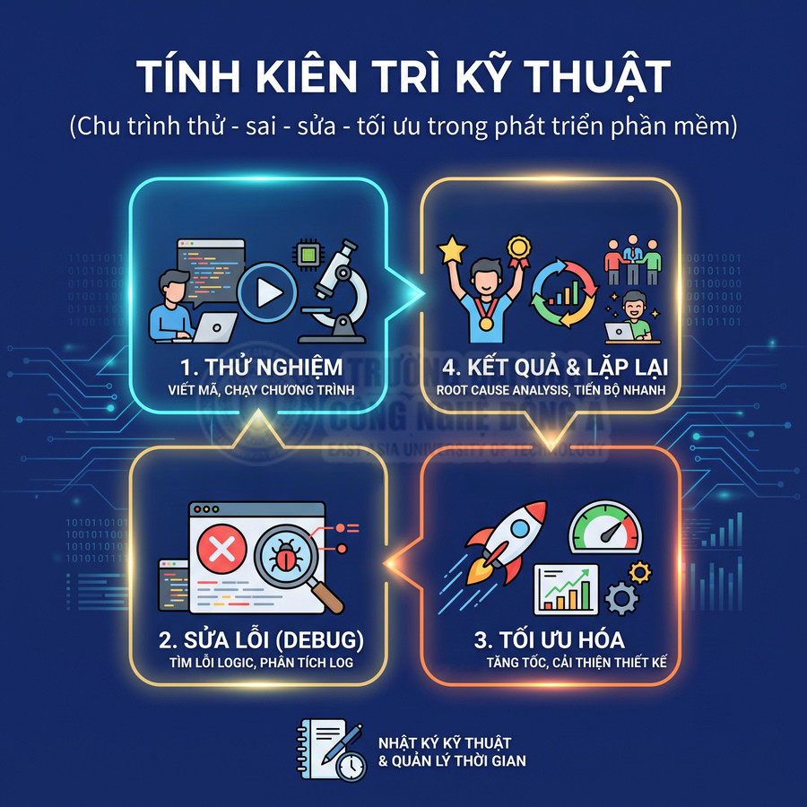 Chu trình kiên trì kỹ thuật trong phát triển phần mềm với các bước thử nghiệm, sửa lỗi, tối ưu hóa và lặp lại kết quả