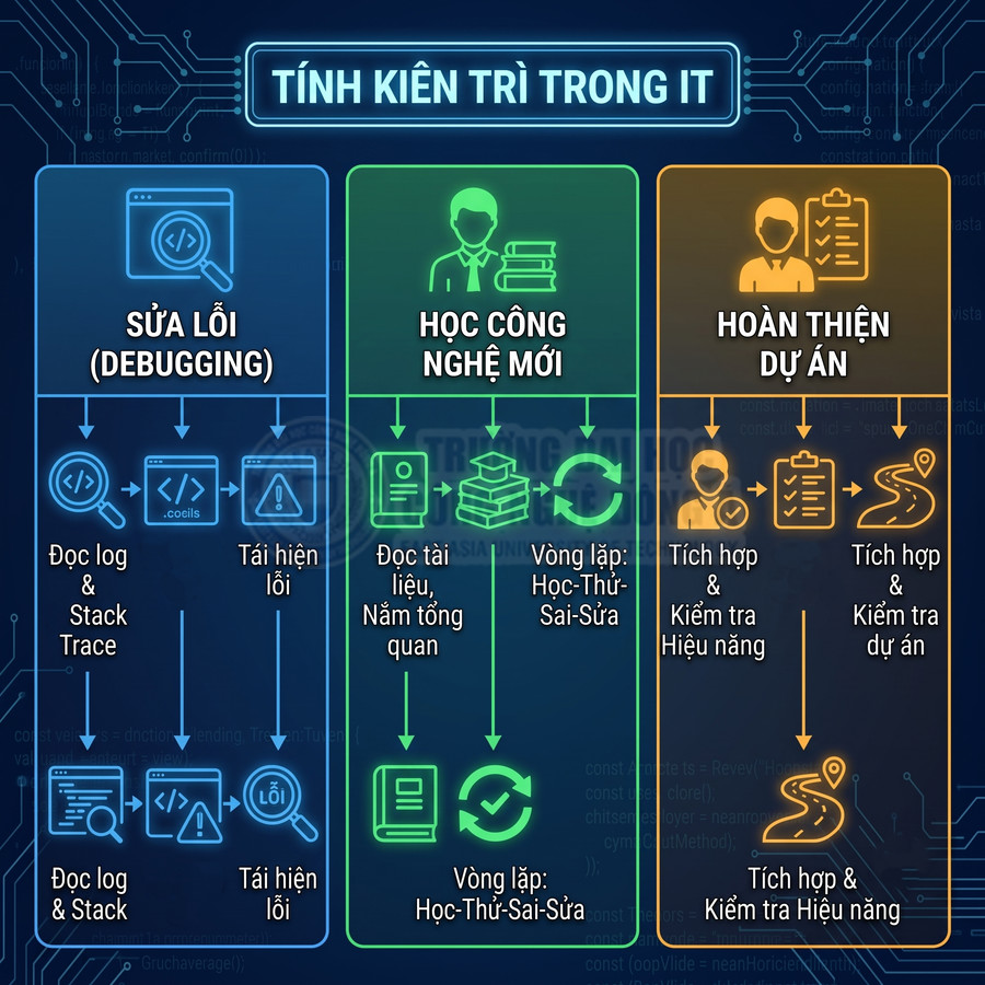 Infographic tính kiên trì trong IT với các bước sửa lỗi, học công nghệ mới và hoàn thiện dự án