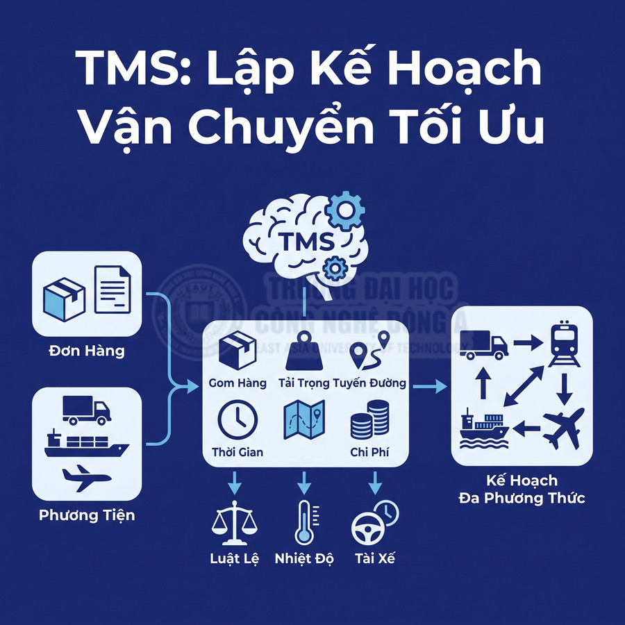Sơ đồ TMS lập kế hoạch vận chuyển tối ưu, kết hợp đơn hàng, phương tiện, chi phí, thời gian và nhiều hình thức vận tải