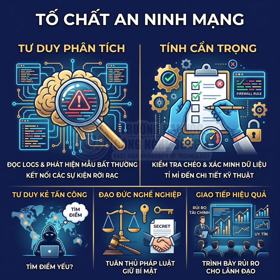 Infographic tố chất an ninh mạng với tư duy phân tích, cẩn trọng, tư duy tấn công, đạo đức và giao tiếp hiệu quả