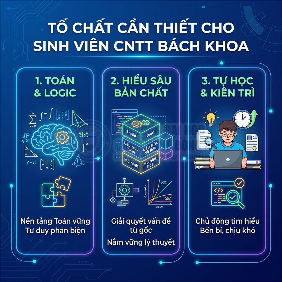 Tố chất cần thiết cho sinh viên CNTT Bách Khoa gồm toán logic, hiểu sâu bản chất, tự học và kiên trì
