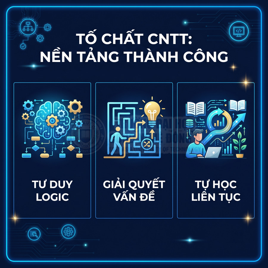 Tố chất CNTT gồm tư duy logic, giải quyết vấn đề và tự học liên tục minh họa bằng icon công nghệ